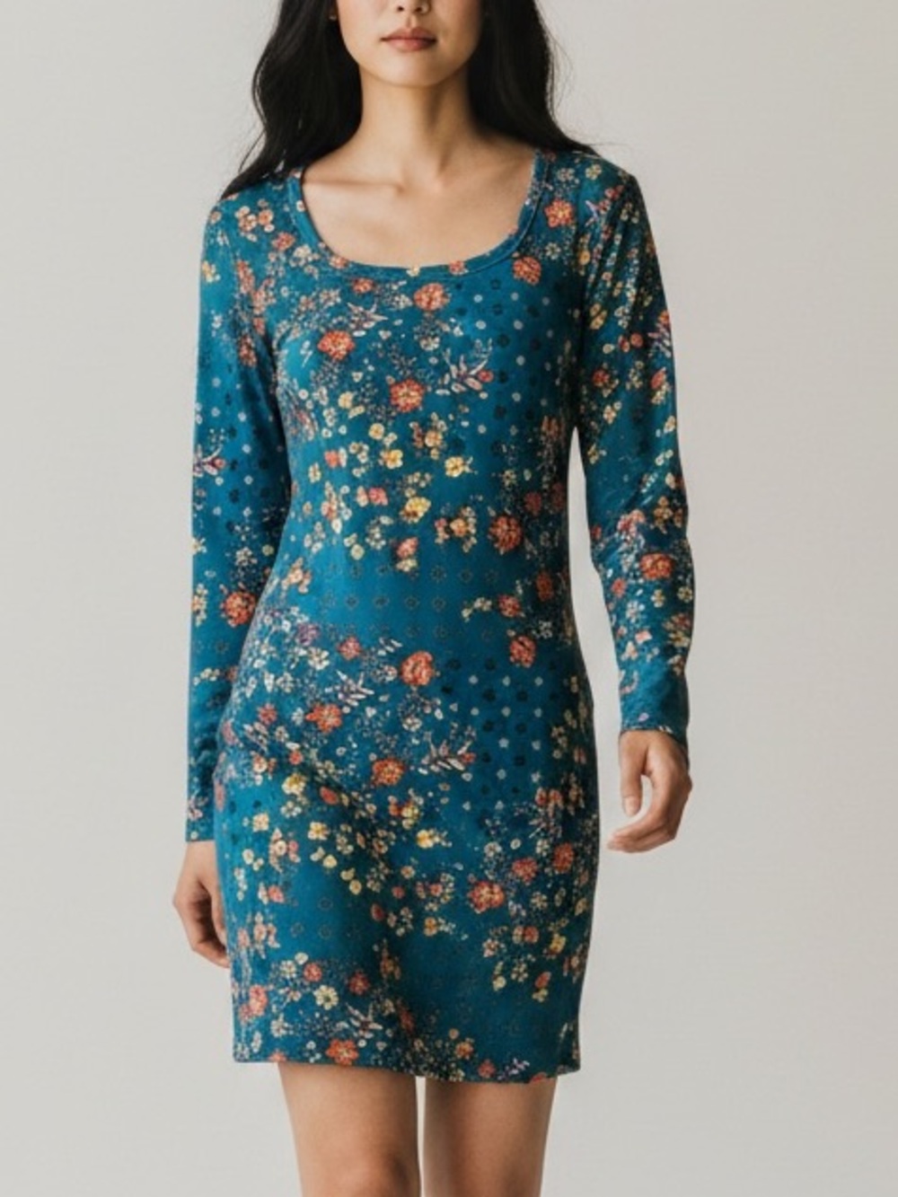 Mudd, Teal  Vibrant Floral Long Sleeve‎ Dress size Large - Picture 2 of 7
